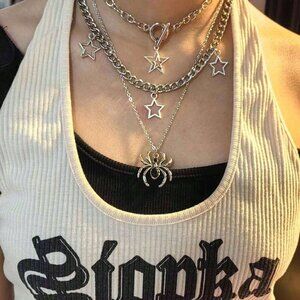 Three pieces Silver Star  & Spider Necklace Gothic Set